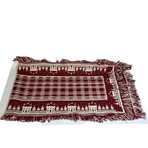 Crate Barrel table runner Red White Fringed House Tree Motif Belgian Cottage